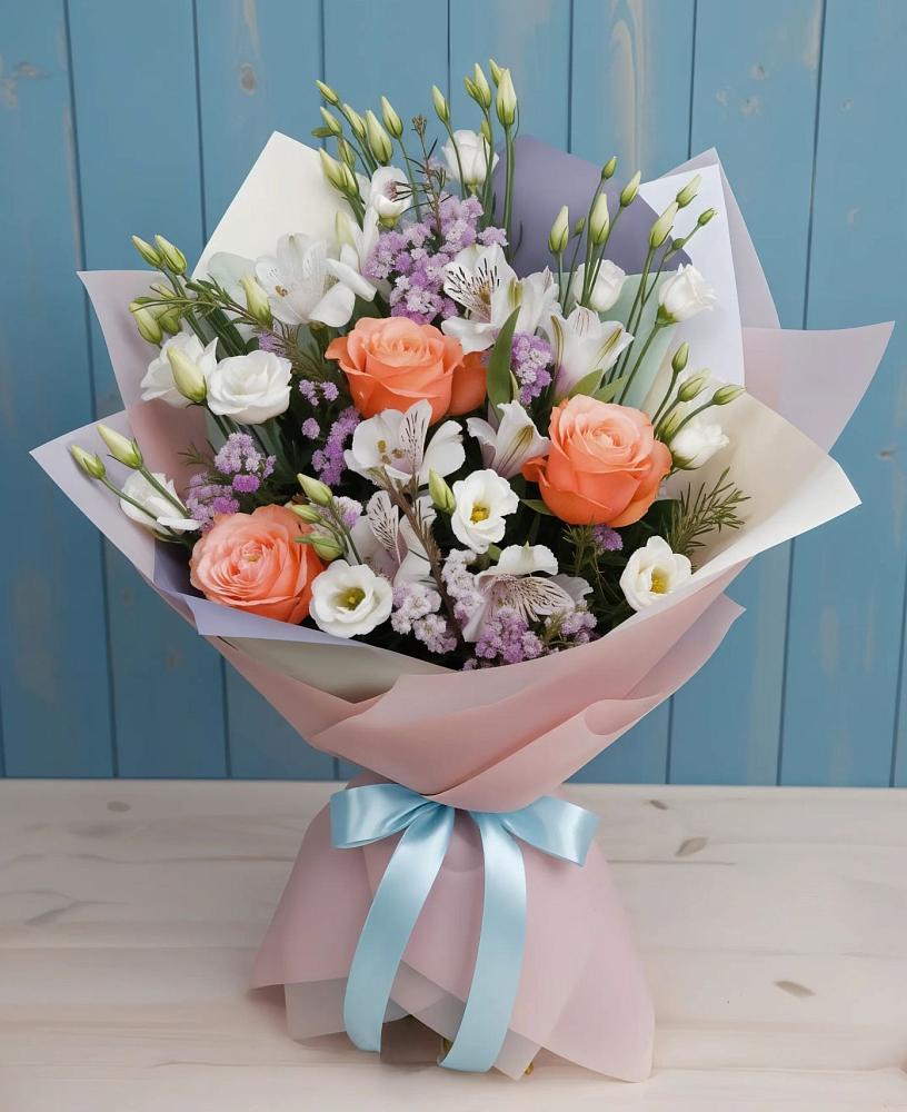 Букет цветов из: Лизиантусы, Розы, Альстромерии и Гипсофила в Вологде