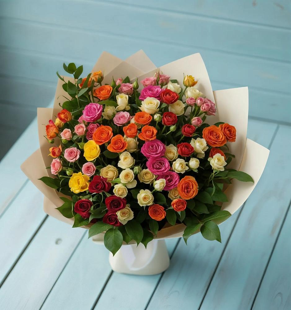 Букет Микс из разноцветных кустовых роз в Вологде